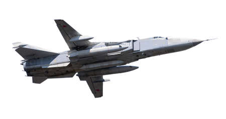 Military jet bomber flying a white background. isolated on white background.