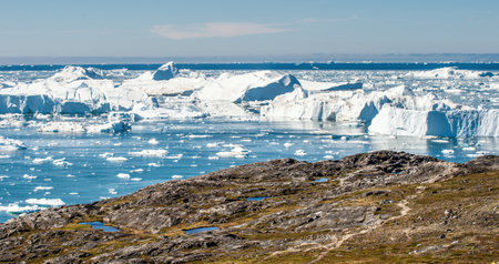 Arctic nature landscape with icebergs in Greenland icefjord. View from a nearby hill, overlooking...