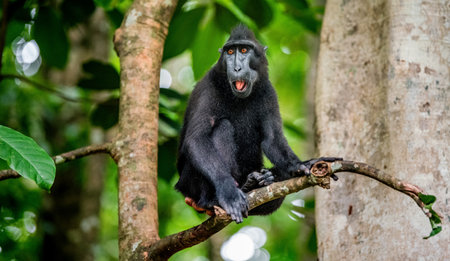 The Celebes crested macaque on the tree. Crested black macaque, Sulawesi crested macaque, sulawesi macaque or the black ape. natural habitat. Sulawesi Island. Indonesia.の写真素材