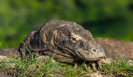 Komodo dragon. close up portrait. Scientific name: Varanus komodoensis. Biggest living lizard in the world. Natural habitat on island Rinca. Indonesia.の写真素材