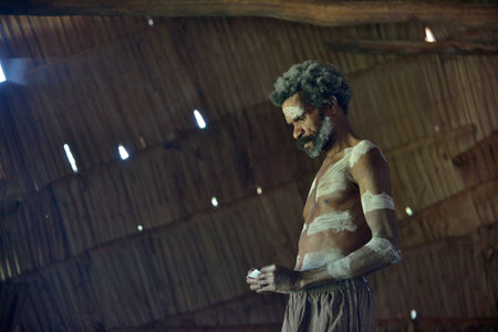 YOUW VILLAGE, ATSY DISTRICT, ASMAT REGION, IRIAN JAYA, NEW GUINEA, INDONESIA - MAY 23, 2016: Close up portrait of a man from the tribe of Asmat. Traditional face painting. New Guinea.May 23, 2016のeditorial素材