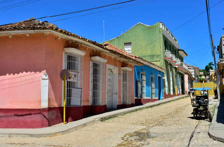 doors and windows. Picturesque elements of traditional architecture. Colorful houses of the Trinidad, Cubaのeditorial素材