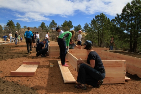 Raised garden beds are being prepared by team of people.のeditorial素材
