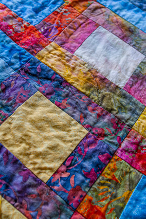 Close Up of quilted table runner with colorful batik fabric in block pattern.の写真素材