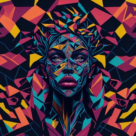 Woman's face with abstract colored figuresの素材