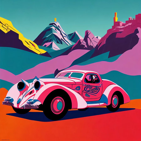 multicolored landscape of mountains with parked carの素材