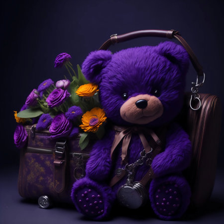 Violet teddy bear with a suitcase and flowers on a dark backgroundの素材