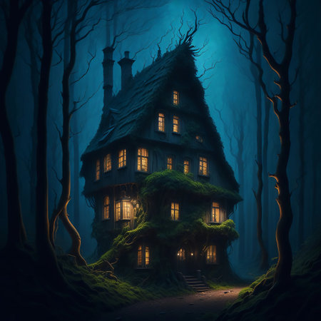 Halloween background with witch house in the forest. 3d renderingの素材