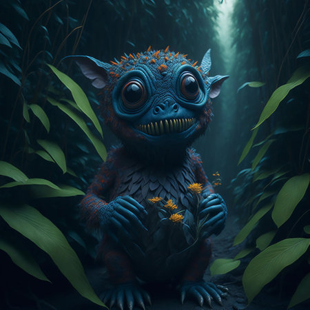 3D rendering of a little monster in a dark forest with flowersの素材