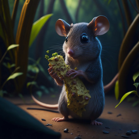 mouse eating a piece of cheese in the garden. 3d renderingの素材