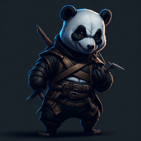 A panda warrior with a sword and shield on a dark background.の素材