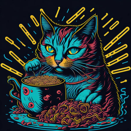 Cute cat with a cup of hot coffee. Vector illustration.の素材