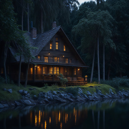 Wooden house on the bank of the river at night in the forestの素材