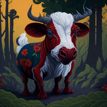 Illustration of a Cattle in the forest with a red backgroundの素材
