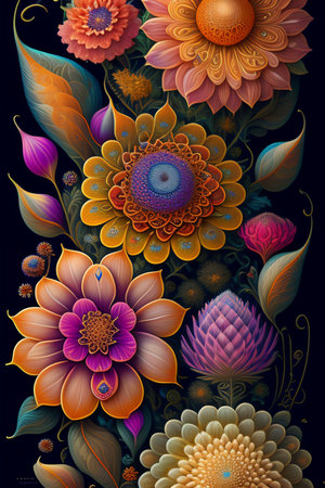abstract floral background with flowers and leaves on a black background.の素材