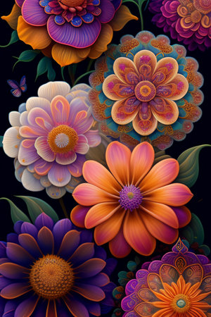 Colorful flowers on black background. Digital painting. 3D illustration.の素材