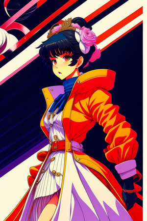 Illustration of a beautiful girl in a red raincoat. Retro style.の素材