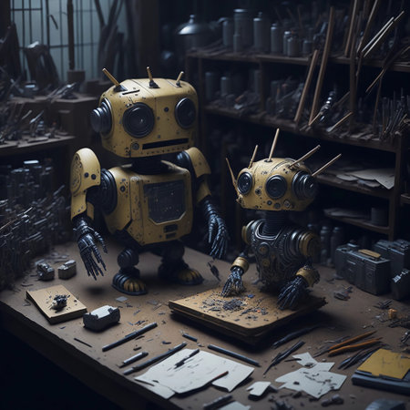 3d rendering of a robot working in a workshop with tools.の素材