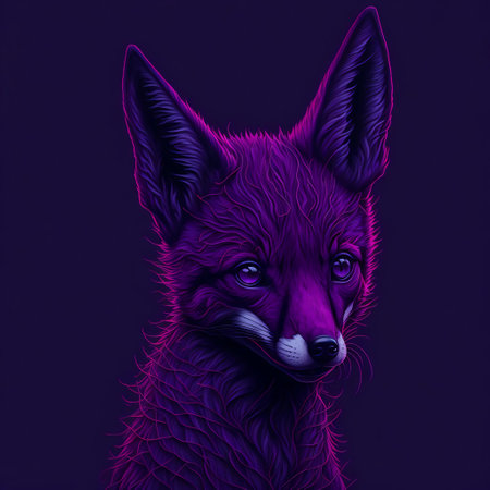 Illustration of a red fox on a dark background with neon lightsの素材