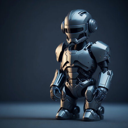 3D rendering of a robot isolated on a dark background with copy spaceの素材