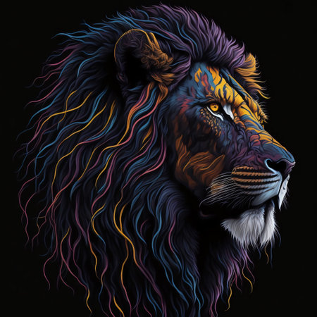 Lion head with colorful zigzag lines on a black backgroundの素材