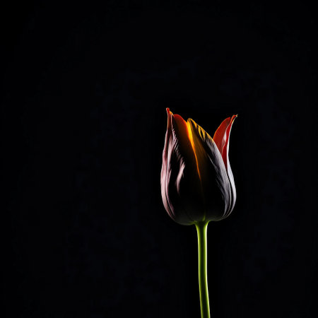 Tulip flower isolated on black background with space for text.の素材