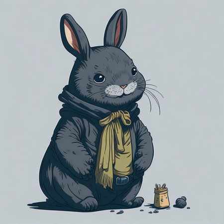 Rabbit with a scarf and a cup of coffee. Vector illustration.の素材