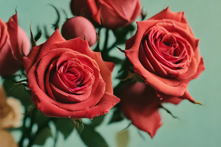 beautiful bouquet of red roses on green background, closeupの素材