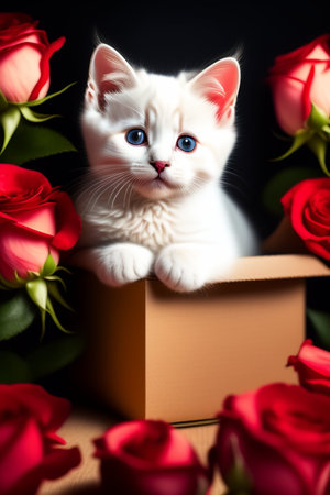 Cute white kitten sitting in box with red roses on black backgroundの素材