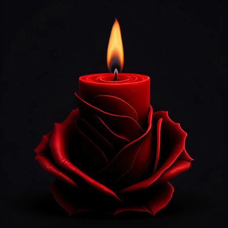 Red rose with candle isolated on black background. 3D illustration.の素材