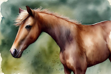 Watercolor portrait of a chestnut horse in profile. Digital painting.の素材