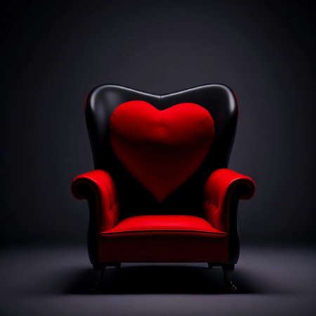 Red armchair with a heart on a black backgroundの素材