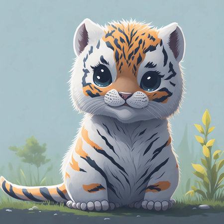 Cute cartoon tiger sitting on the grass and looking at the cameraの素材