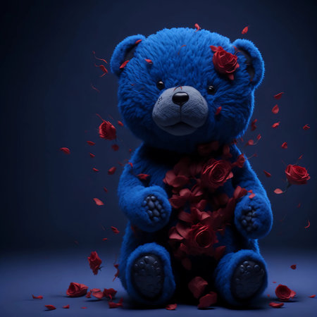 Blue teddy bear with red rose petals on dark blue backgroundの素材