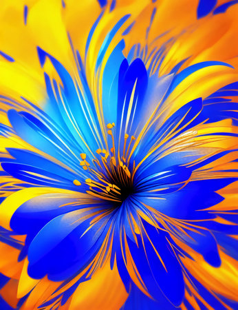 Illustration of beautiful abstract flower in blue, orange and yellow.の素材