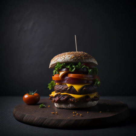 Cheeseburger with beef, tomato and lettuce on a dark backgroundの素材