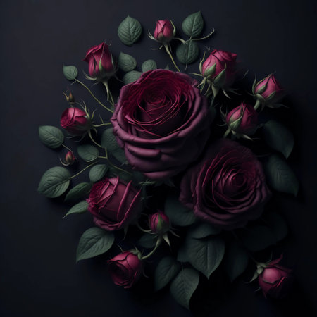 Beautiful bouquet of red roses on black background. Flat lay, top viewの素材