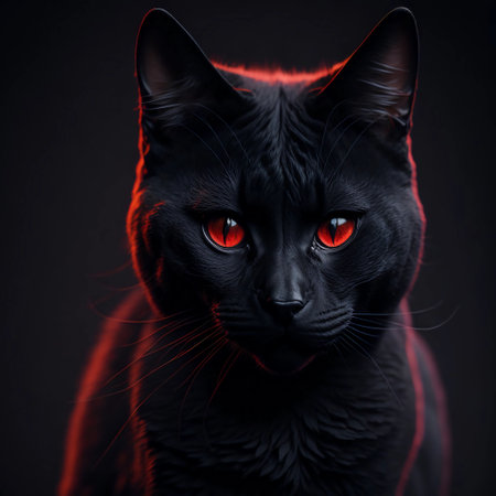 Portrait of a black cat with red eyes on a black background.の素材