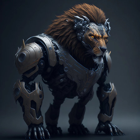 3D rendering of a fantasy lion robot warrior isolated on a dark backgroundの素材