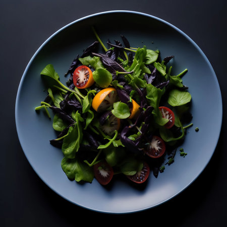 Lettuce and tomato salad on a dark backgroundの素材