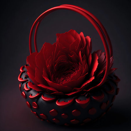Black basket with red flower on a black background. 3d renderingの素材