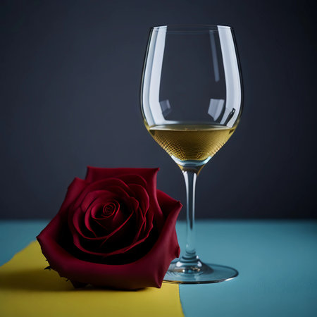 Wine glass and red rose on the table.の素材