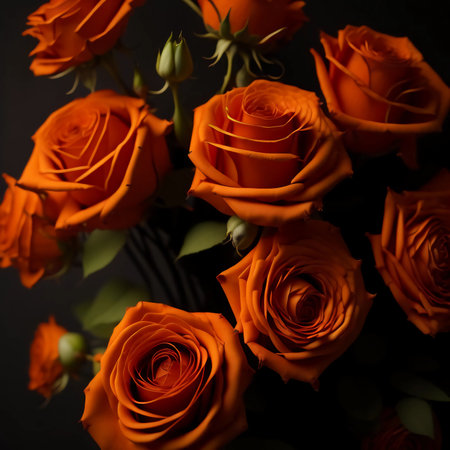 Beautiful orange roses on a black background.の素材