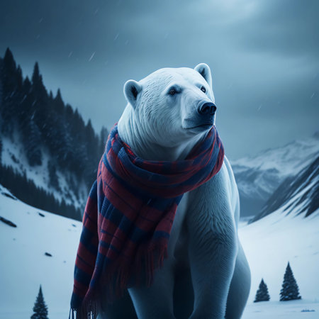 Polar bear in a scarf on a background of snowy mountains.の素材