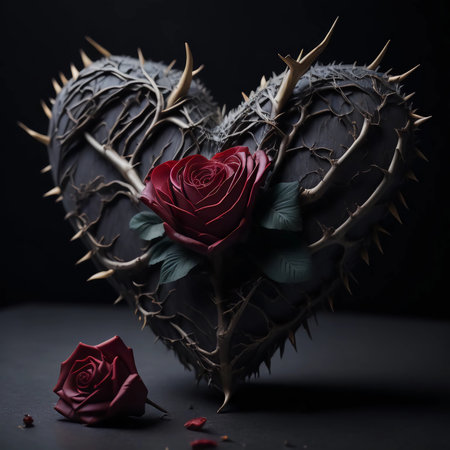 Black and red heart with crowns of thorns on black backgroundの素材