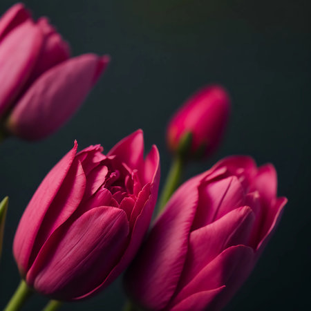 Beautiful bouquet of pink tulips on a dark background.の素材