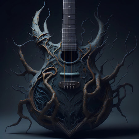 guitar with roots on a dark background. 3d illustrationの素材