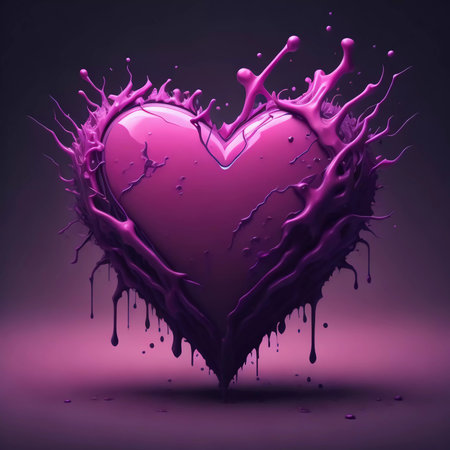 Heart made of purple paint splashes on dark background. 3d renderingの素材