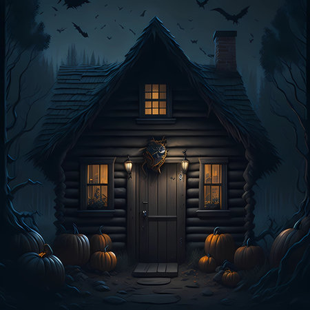 Halloween background with old wooden house and pumpkins. Vector illustration.の素材