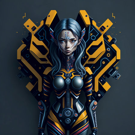 3d rendering of a female cyborg with futuristic head and armsの素材